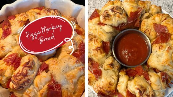 2 pictures of pizza monkey bread one is in Bundt pan and one is on plate