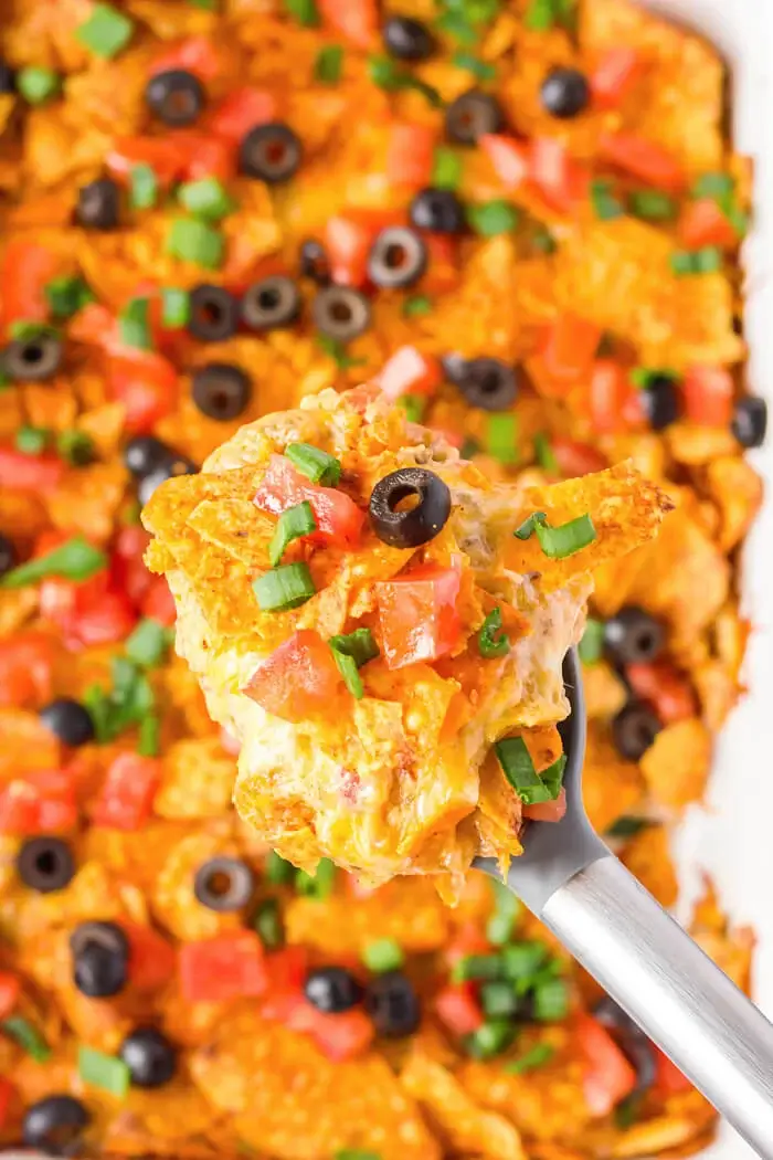 doritos casserole on spoon