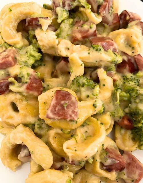 tortellini, kielbasa, and broccoli on white plate