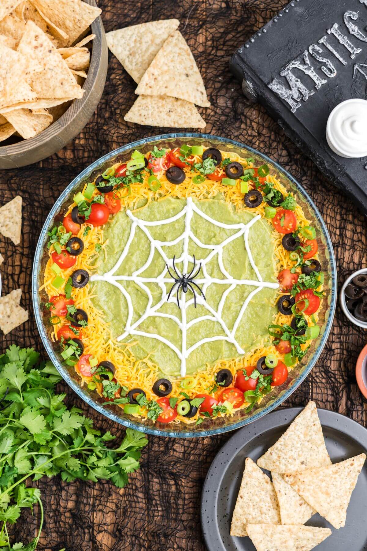 Halloween dip in skillet with web and spider