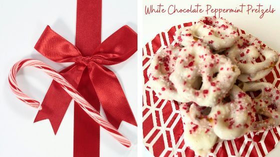 White Chocolate Peppermint Pretzels with candy cane and bow