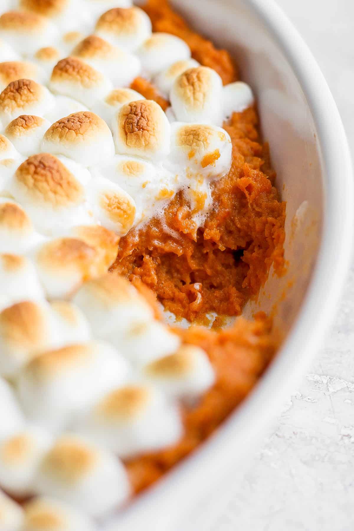 sweet potato casserole in white casserole dish